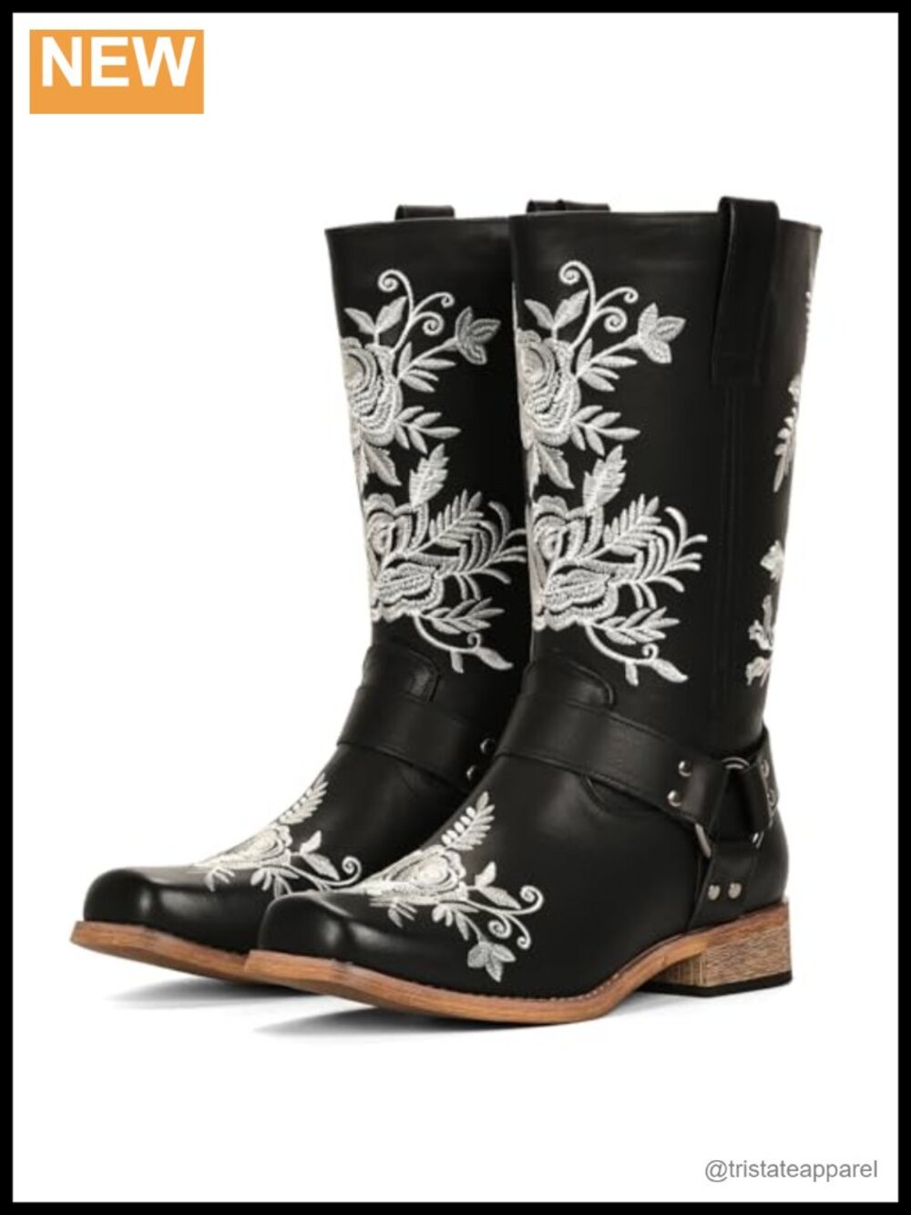 Women's Square Toe Mid Calf Cowboy Boots Embroidered Faux Leather Western